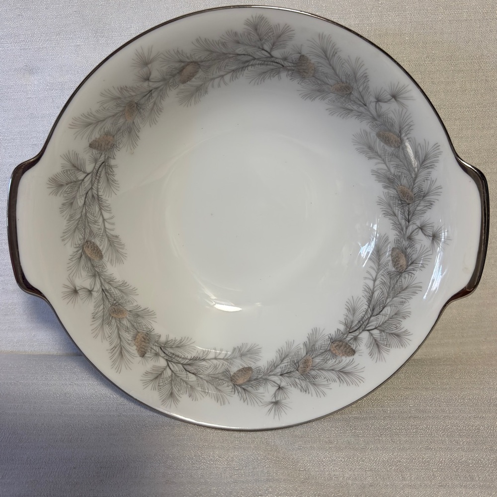 Sango Japan Sierra Pines 2 Handled Bowl MCM platinum trim handles pattern #6608